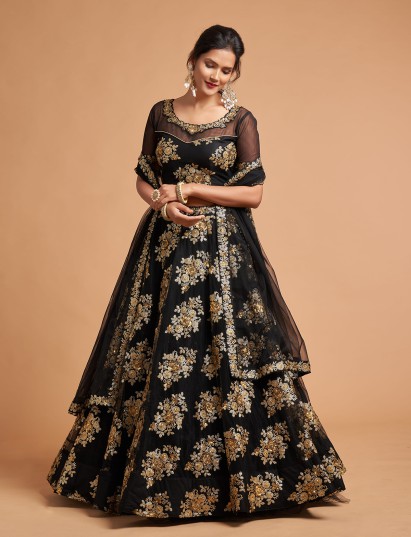 Black net lehenga choli with gold resham and sequin detailing