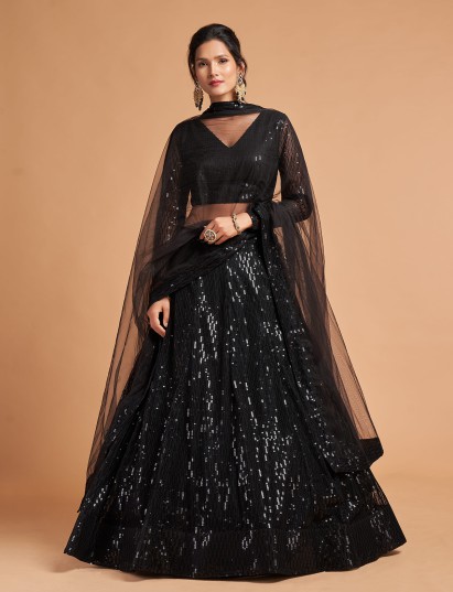 Black party wear net lehenga choli with sequin work