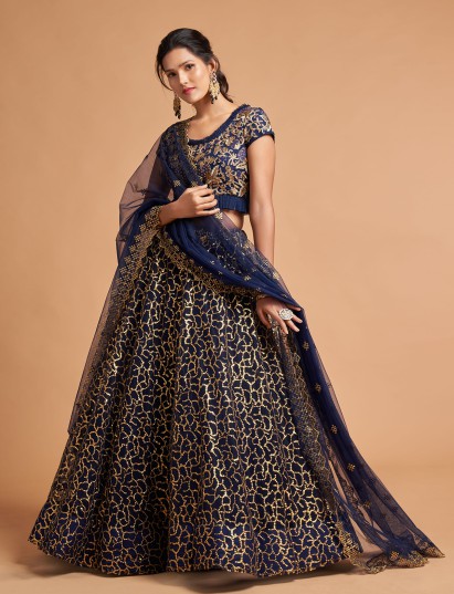 Navy net lehenga choli with gold resham and sequin detailing