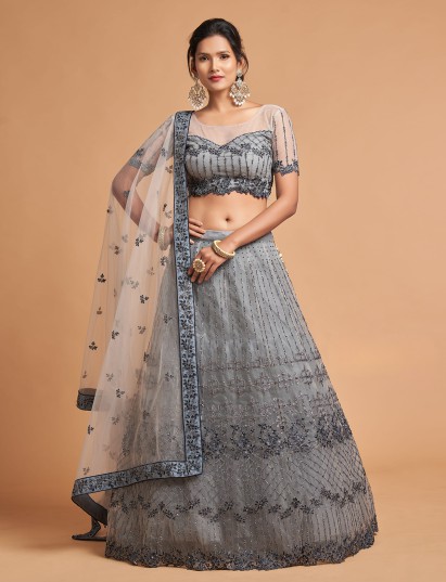 Grey party wear net lehenga choli