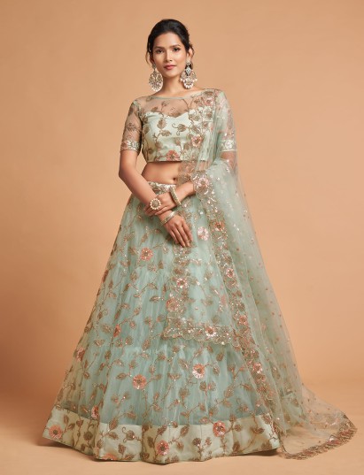 Mint blue net lehenga choli for reception wear
