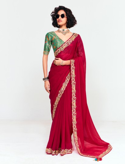 Maroon tissue saree with elegant embellished border