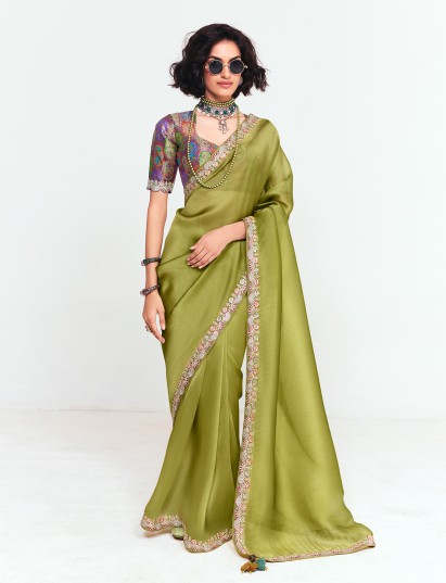 Olive green festive wear tissue saree