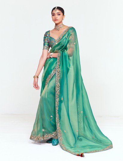 Mint green tissue saree for festive celebrations