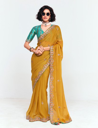 Mustard yellow festive wear tissue saree