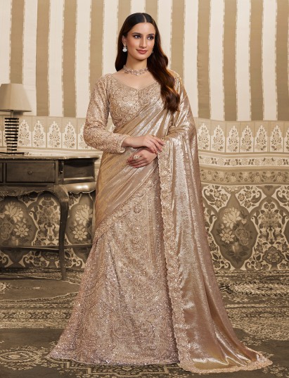 Beige foil satin lehenga saree for party wear