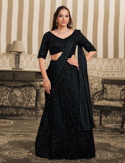 Black foil satin lehenga saree with cutdana detailing