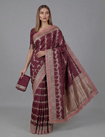 Rich wine dola silk intricate zardosi festive saree