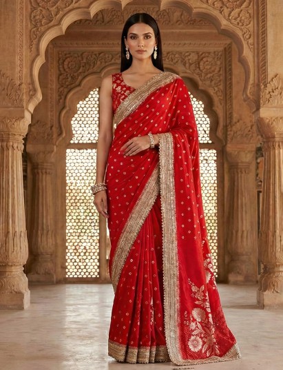 Classic red dola silk sequins wedding wear saree