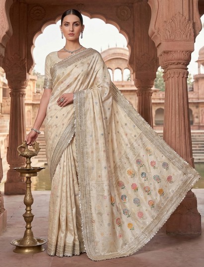 Cream semi kanjivaram zardosi festive saree elegance