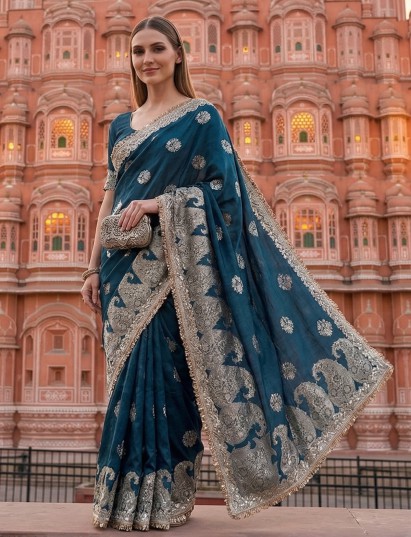 Navy blue dola silk zardosi festive saree elegance