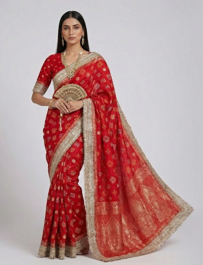 Red bandhej semi georgette zardosi festive saree grace