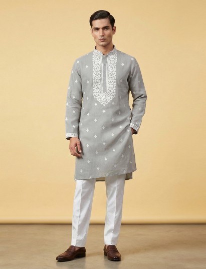Grey linen embroidered festive kurta suit
