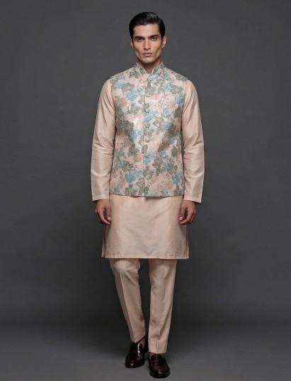 Peach silk embellished designer festive waistcoat set