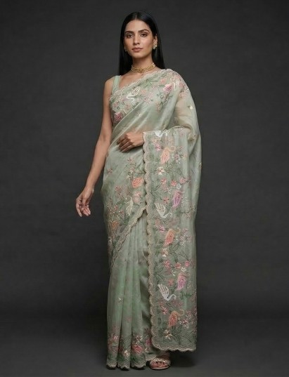 Pista green semi organza embroidered festive saree elegance