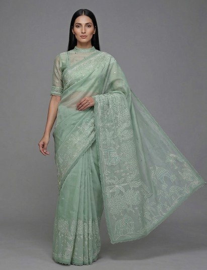 Mint green semi organza mirror work festive saree