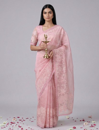 Onion pink semi organza mirror and embroidered festive saree