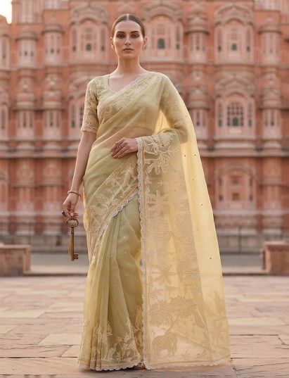 Yellow semi organza mirror work haldi wear saree