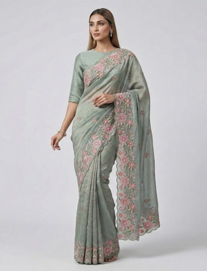 Sage green cruss tissue embroidered festive saree elegance
