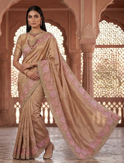 Pastel beige cruss tissue embroidered festive saree elegance