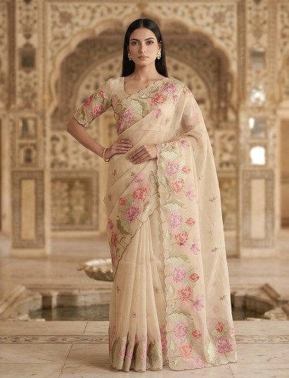 Cream organza embroidered festive saree timeless charm