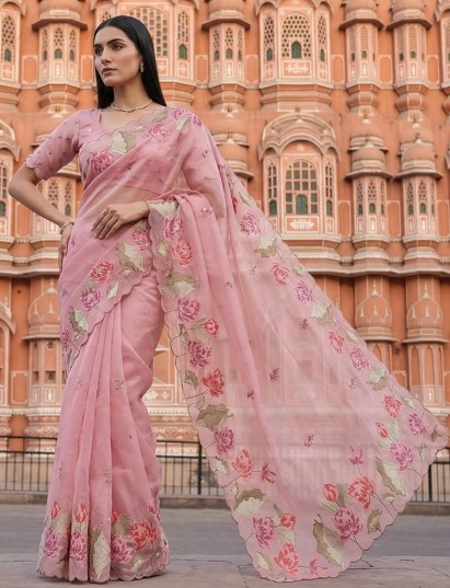 Pink organza festive wear saree soft feminine glow