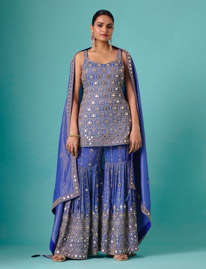 Blue chiffon silk sleeveless embroidered sharara suit for women
