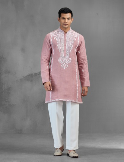 Pink linen aari sequin highlight celebration kurta suit