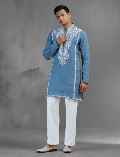 Blue linen festive shimmer designer kurta pajama look