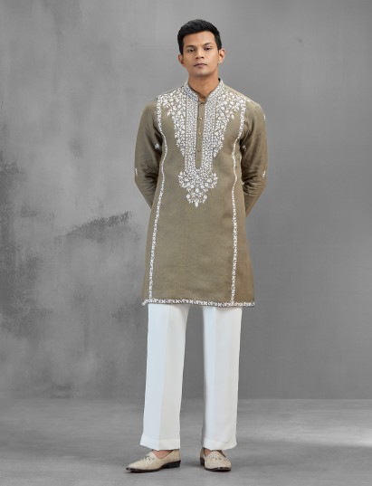 Light olive linen minimal glam wedding kurta set
