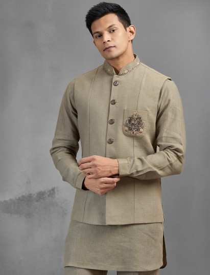 Olive green linen brooch detail festive waistcoat set