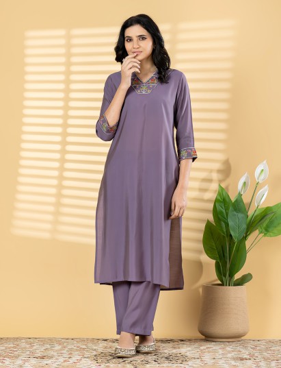 Purple silk straight cut kurti set casual elegance