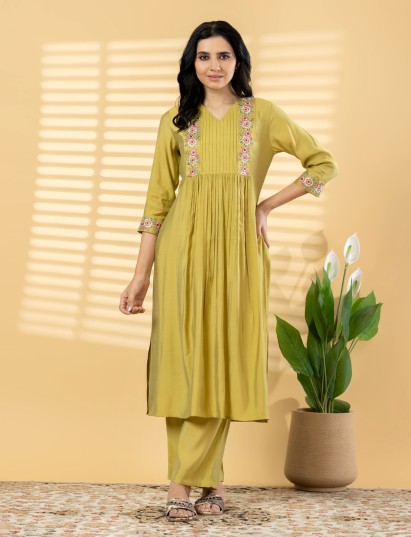 Khaki silk yoke style kurti set minimal elegance