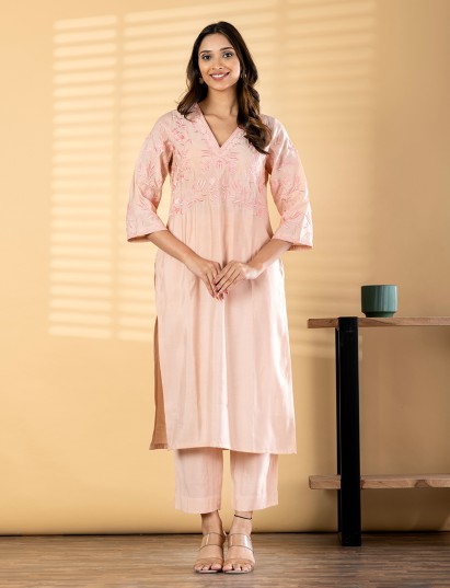 Peach cotton silk straight cut kurti set soft charm