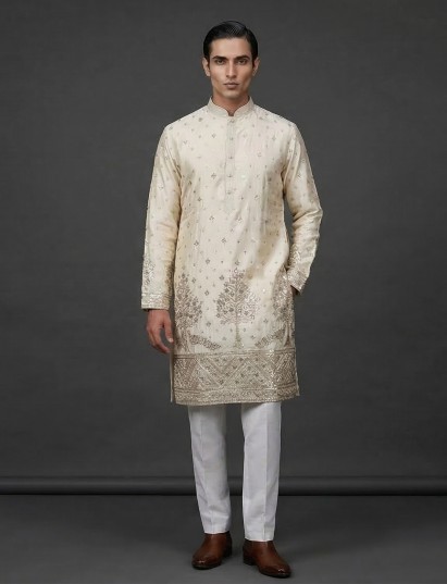 Beige silk embroidered work festive mandarin collar kurta suit