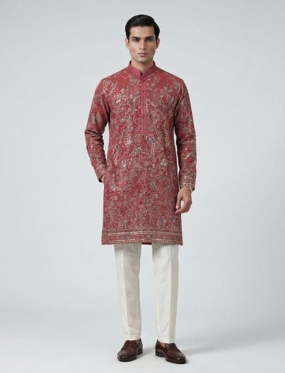 Red georgette embroidered work festive mandarin kurta suit