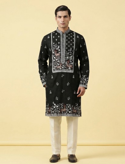 Black silk embroidered work festive mandarin collar kurta suit