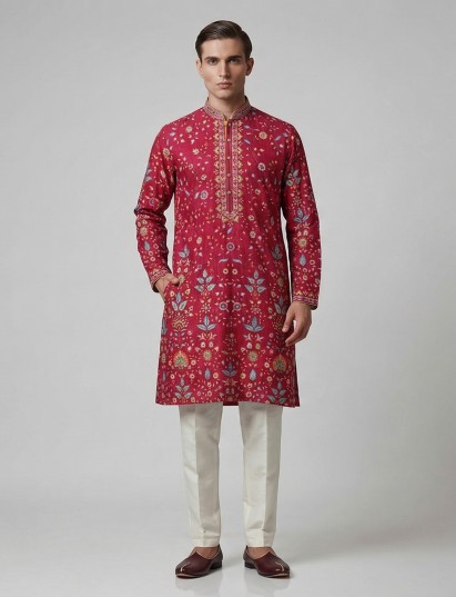 Deep rani pink silk floral embroidered festive kurta suit