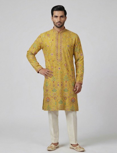 Yellow silk floral embroidered haldi special kurta suit