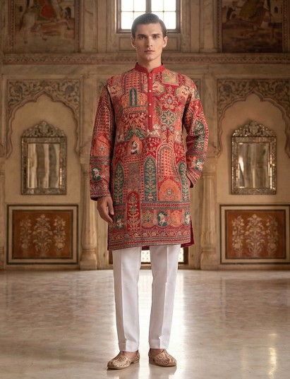 Maroon silk zardosi work festive mandarin kurta suit