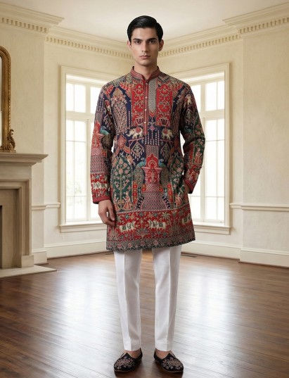 Multicolor silk zardosi work festive kurta suit