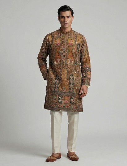 Mehendi olive silk zardosi festive kurta suit