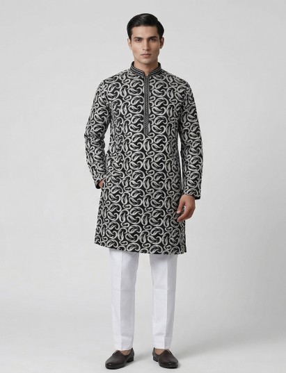 Black cotton silk embroidered work festive kurta suit