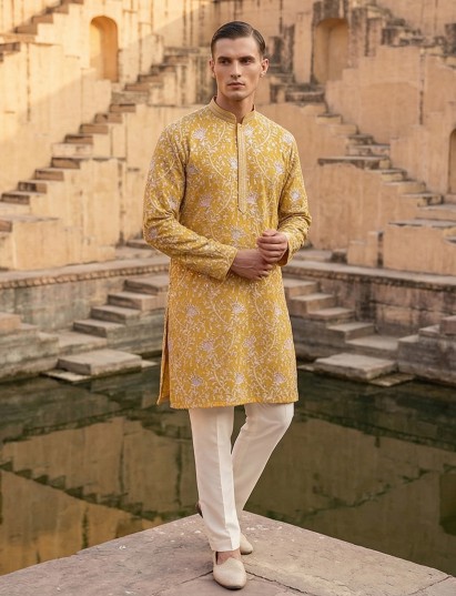 Yellow georgette embroidered work haldi festive kurta suit