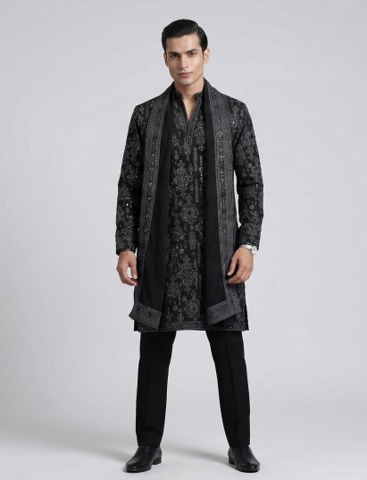 Black cotton silk embroidered festive kurta suit