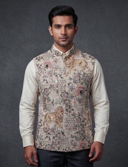 Cream jute embroidered festive waistcoat for wedding wear