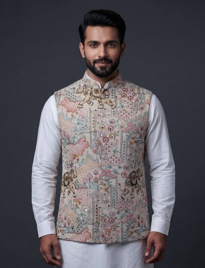 Cream jute thread and sequin festive waistcoat