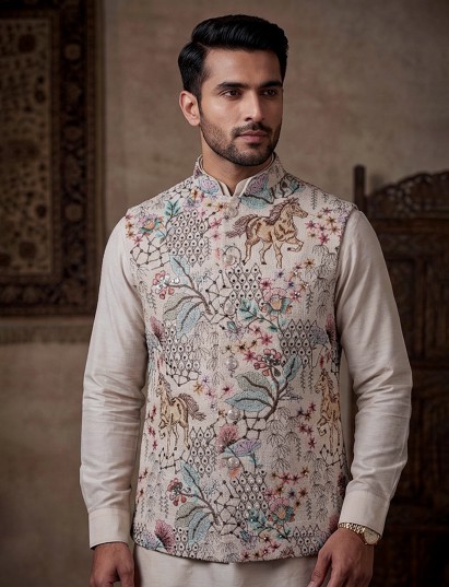 Cream jute thread sequin embellished festive waistcoat