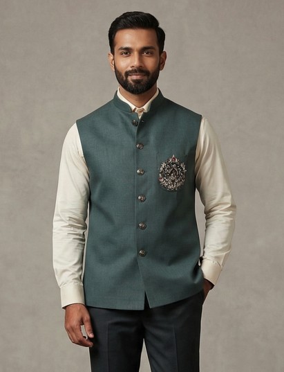 Dark green linen heavily embellished waistcoat with brooch