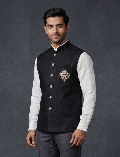Black cotton embellished waistcoat with brooch for festive